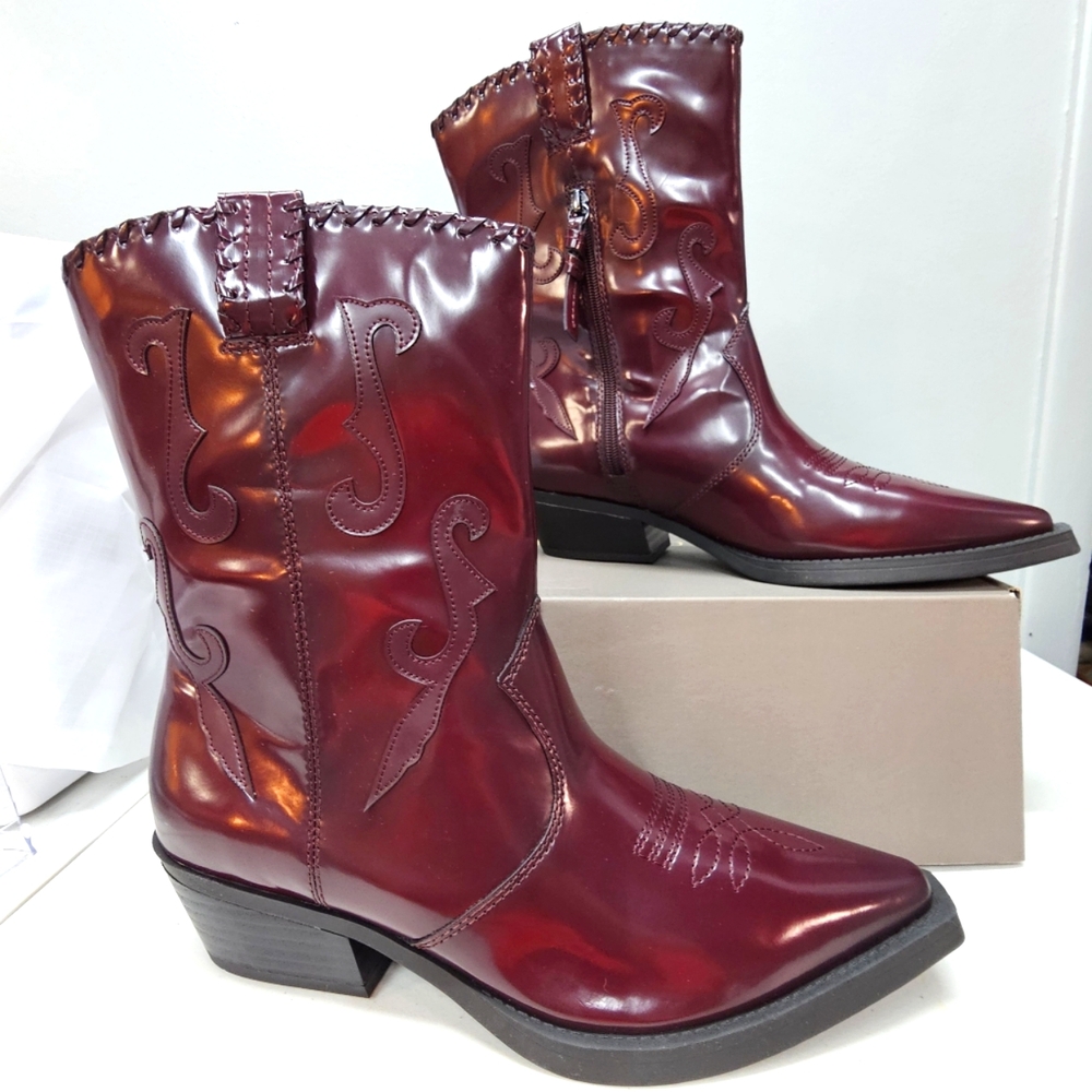 Franco Sarto Burgundy Patent Leather Western Heeled Boots